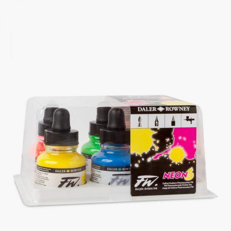 Daler Rowney FW Acrylic Ink 6 Neon Color Set 29.5ml-School2Office-1010,acrylic paint,art supplies,daler rowney,drawing ink,new,paints and mediums